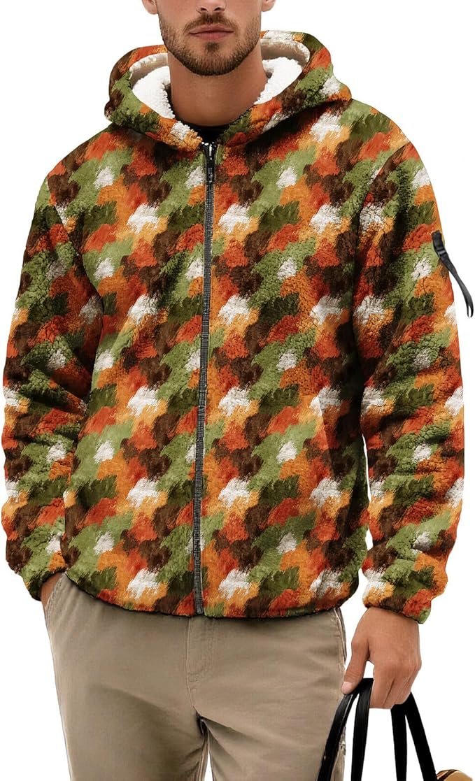Men's Camouflage Hunting Fleece Lined Hoodie Camo Jackets Zip Up Long Sleeve Casual Winter Coats Hood Outerwear