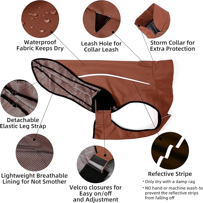 Mile High Life Dog Raincoat, Adjustable Waterproof Reflective Rain Jacket for Small Medium Large Dogs, Lightweight Breathable Pet Rain Coat with Leash Hole(Brown,XS Chest 17-23")