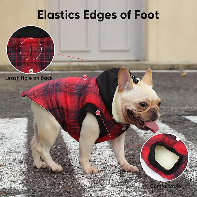 Fleece Lining Dog Hoodie for Small Dogs Extra Warm Plaid Sweater with Drawstring Hooded Coats in Winter Puppy Jacket,Red S