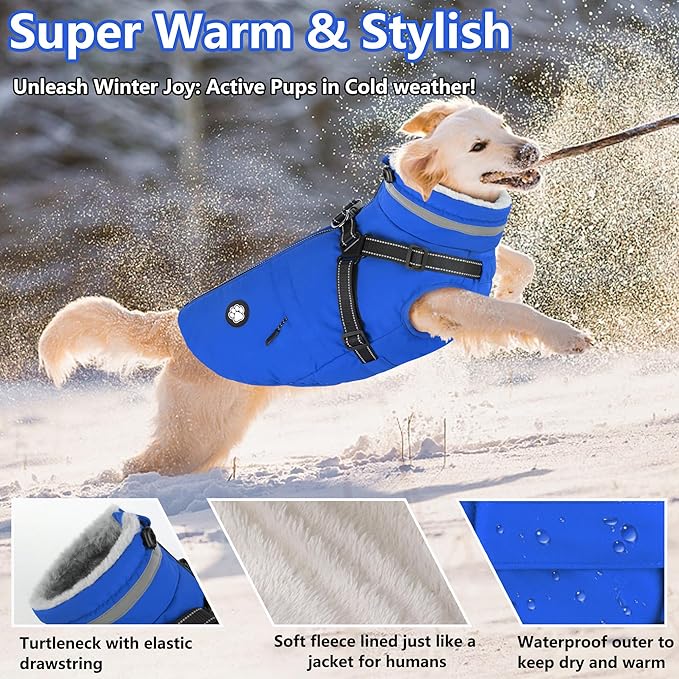 Dogcheer Dog Coat, Waterproof Dog Winter Jacket with Harness, Reflective Adjustable Doggy Cold Weather Coats, Christmas Pet Fleece Snowsuit for Small Medium Large Dogs - Blue, L