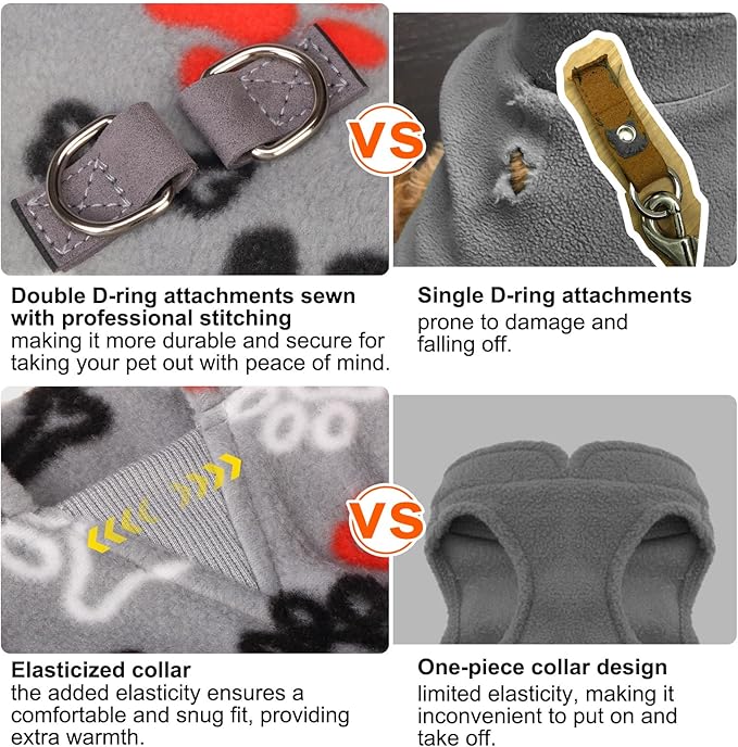 BEAUTYZOO Small Dog Sweater Fleece Vest Winter Jacket, D-Ring Leash Attachment for XS S Puppy Medium Sized Breeds Dogs, Cold Weather Dog Clothes Windproof Keep Warm, Grey Bones Paw XL