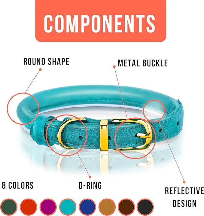 OOPSDOGGY Reflective Rolled Leather Dog Collar Adjustable Soft Padded Pet Collar for Small Medium Large Breed Dogs (Teal, XXL, 20"-24")