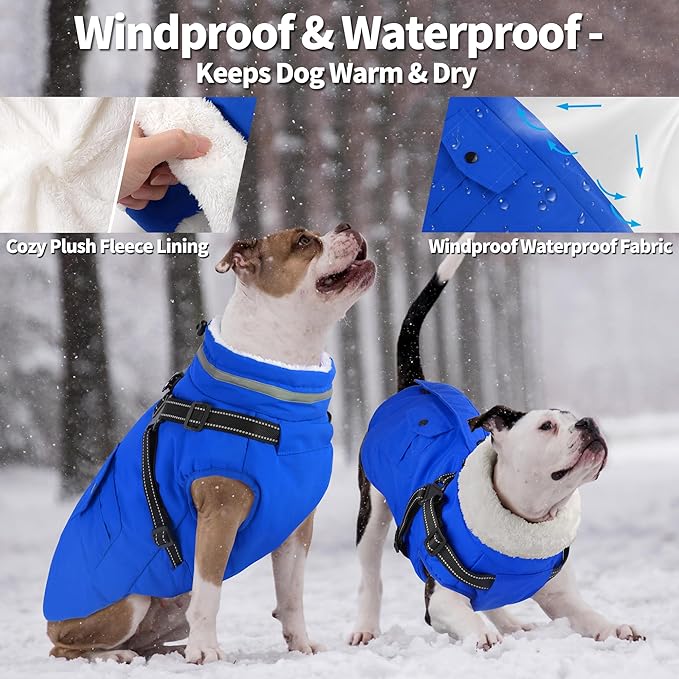 Dogcheer Dog Coat with Harness, Waterproof Warm Dog Winter Jacket with Pockets, Reflective Pet Fleece Jacket Turtleneck Snowsuit for Small Medium Large Dogs - Blue, 3XL