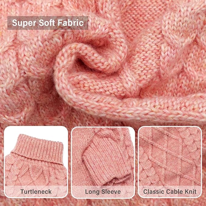 KYEESE Dog Sweater Warm Dogs Clothes Long Sleeve Pet Coats Comfy Dog Sweater for Small Medium Dogs Turtleneck Classic Cable Knit Pet Sweater for Cold Weather, Pink, X-Large