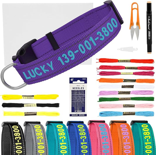 DIY Personalized Embroidered Dog Collar - Custom Hand-Stitched Name & Number, Reflective Adjustable Pet Collar for Small/Medium/Large Dogs & Cats, Durable Nylon with Steel D-Ring (Purple, Small)