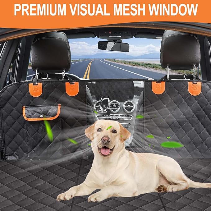 Back Seat Extender for Dogs, Dog Car Seat Cover with Hard Bottom for Backseat Protector, Large Space Dog Hammock with Mesh Window for Car SUV Truck
