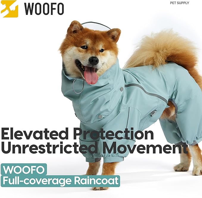 WOOFO Full-Coverage Dog Raincoat, Lightweight, Comfortable, Adjustable & Easy to Wear Dog Rain Jacket, Detachable Cap, Reflective Strip (Mint, 2XS)