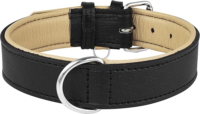 Riparo Genuine Leather Padded Dog Heavy Duty K-9 Adjustable Collar (XXL: 2” Wide for 24”-29” Neck, Black)