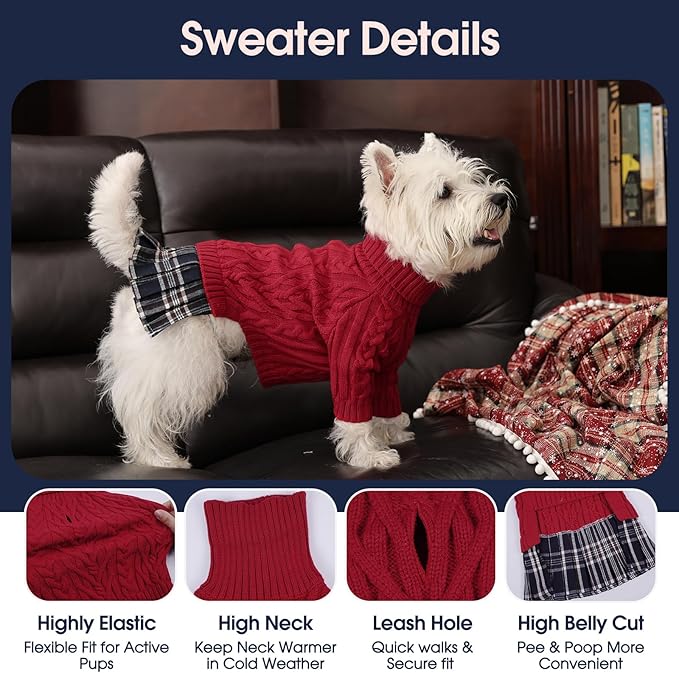 IECOii Girl XXXL Dog Sweater Dress, Girl Dog Sweaters for Extra Large Dogs Turleneck, Red,XXXLarge, Thermal Warm Knitwear with Leash Hole, Adorable Cable Knit Sweater for Christmas & Thanksgiving