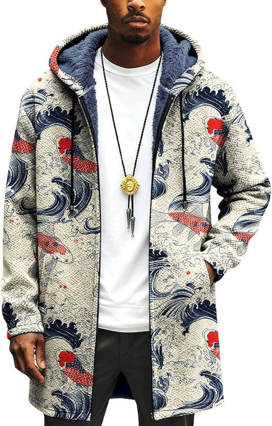 Mens Long Cardigan Hoodies Full Zip Fleece Lined Jackets Fashion Knitted Color Block Hooded Coat with Pockets