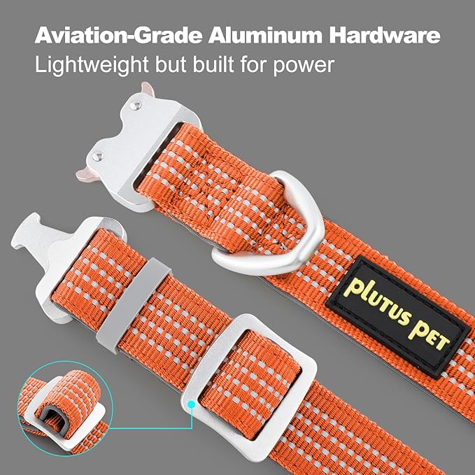 Plutus Pet Reflective Dog Collar with Aviation Aluminum Buckle, Neoprene Padded for Comfort, Lightweight, Heavy Duty Nylon Collar for Puppy Small Medium Large Dogs (Orange, XL)