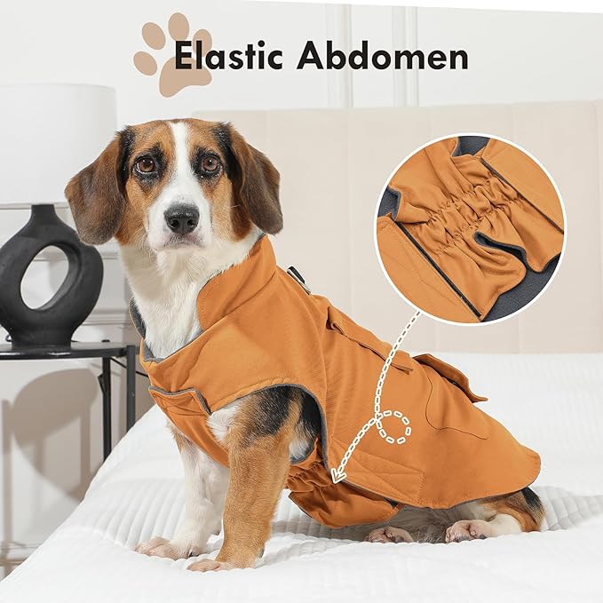 Workwear Style Dog Coats with Harness Built in for Small Dogs Windproof Warm Puppy Jacket with Storage Pockets for Cold Winter,BrightBeige L