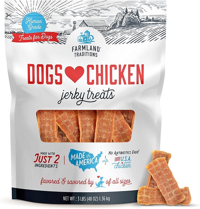Farmland Traditions Dogs Love Chicken Jerky Dog Treats, Premium Two-Ingredient Dog Jerky with USA-Raised, Human-Grade Chicken & No Antibiotics Ever, 1-Pound Bag