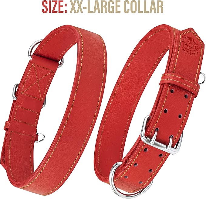 Riparo Dog Collar - Genuine Leather Dog Collars - Heavy Duty Dog Collars for Medium Large and Extra Large Dog Breeds (XXL: 1.75” Wide for 26” - 31” Neck, Red)