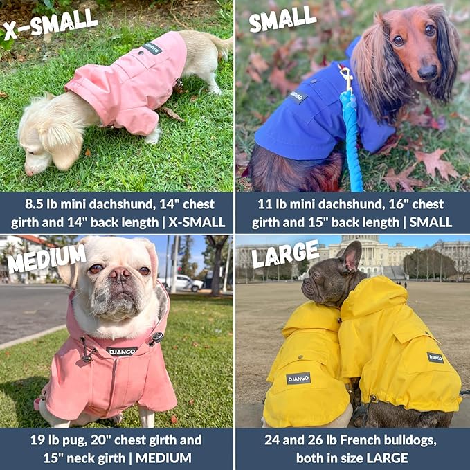 DJANGO Highland Dog Jacket & Raincoat – Water-Repellent, Lined Dog Coat with Hood, Adjustable Fit & Harness Hole – Lightweight Rain & Wind Jacket for Small & Medium Dogs up to 30 lbs (Blue, X-Small)