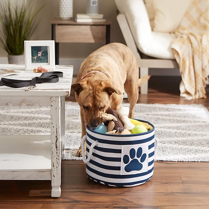 Bone Dry Pet Storage Collection Striped Paw Patch Bin, Small Round, Navy