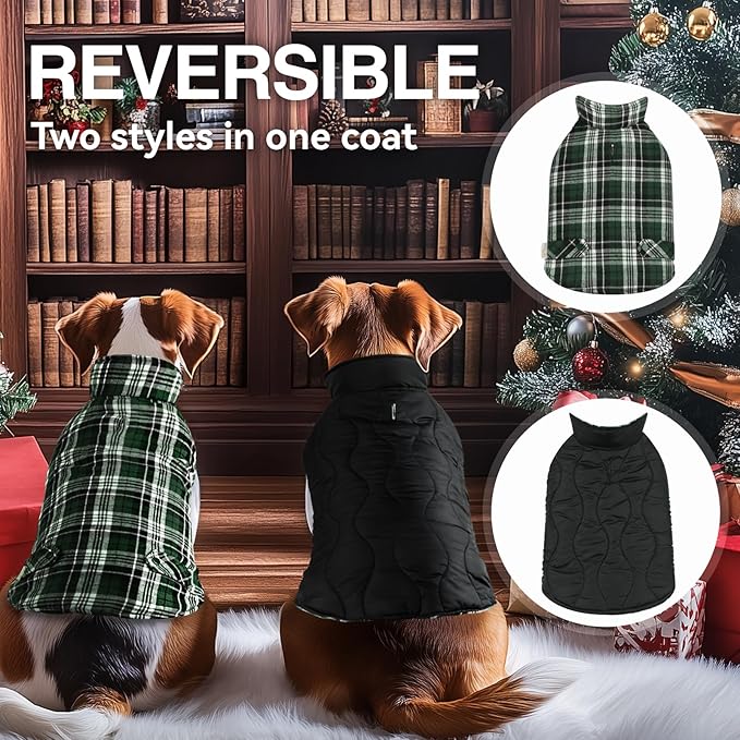 VIVAGLORY Softjoy Dog Coat, Dog Jacket for Winter & Christmas, Coat with Harness Hole & Velcro Closure, Reversible Plaid Checkered Warm Fluffy Heavy Duty for Puppy, S, Green