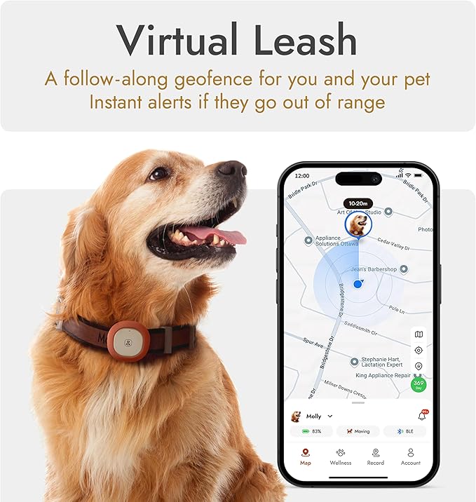 Molly&Cody GPS + Bluetooth Pet Tracker for Cats & Dogs – Real‑Time Tracking, Virtual Fence, IP67 Waterproof, Up to 60‑Day Battery, Health Monitoring, iOS/Android – 3‑Month Subscription Included (Red)