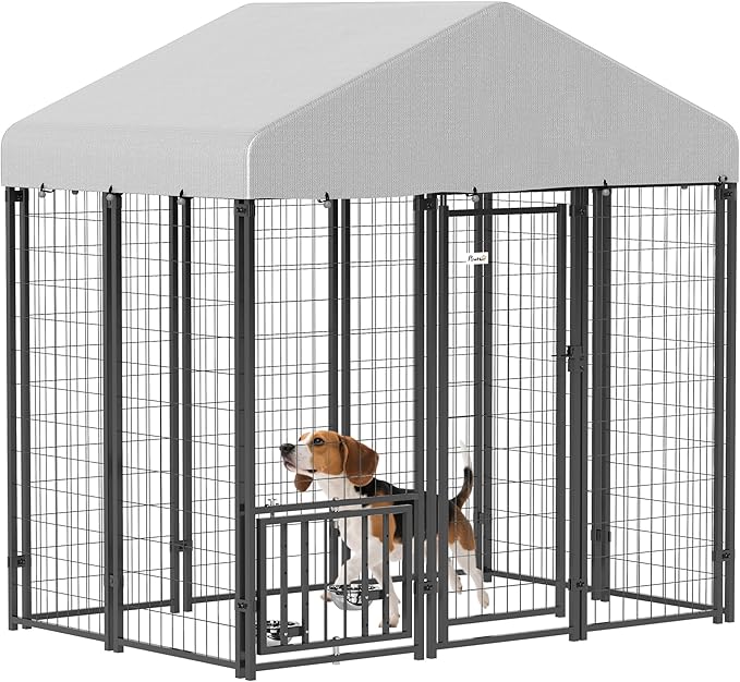 PawHut 6' x 4' x 6' Outdoor Dog Kennel, Welded Wire Dog Kennel Outside Run with 360° Rotating & 4 Level Adjustable Bowls, Waterproof & UV Resistant Cover, for S&M Breeds, Chickens, Ducks, Silver