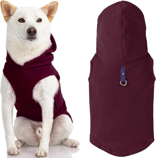 Gooby Fleece Vest Hoodie Dog Sweater - Plum, Small - Warm Pullover Dog Hoodie with O-Ring Leash for Small to Medium Dogs