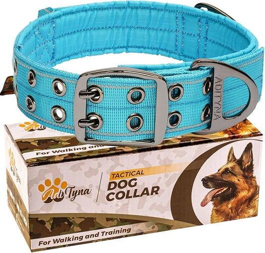 ADITYNA Heavy Duty Dog Collar for Large Dogs - Reflective Blue Collar with Handle for Training, and Walking - Wide, Thick, Tactical, Soft Neoprene Padded