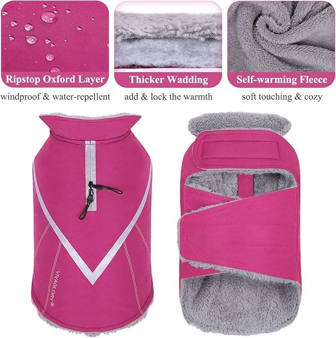 VIVAGLORY Snowrap Dog Coat, Jacket with Harness Hole & Velcro Closure, Dog Coat for Winter & Cold Weather, Fluffy Warm Fleece Lined Reflective Water Resistant for Puppy, XS, Fuchsia