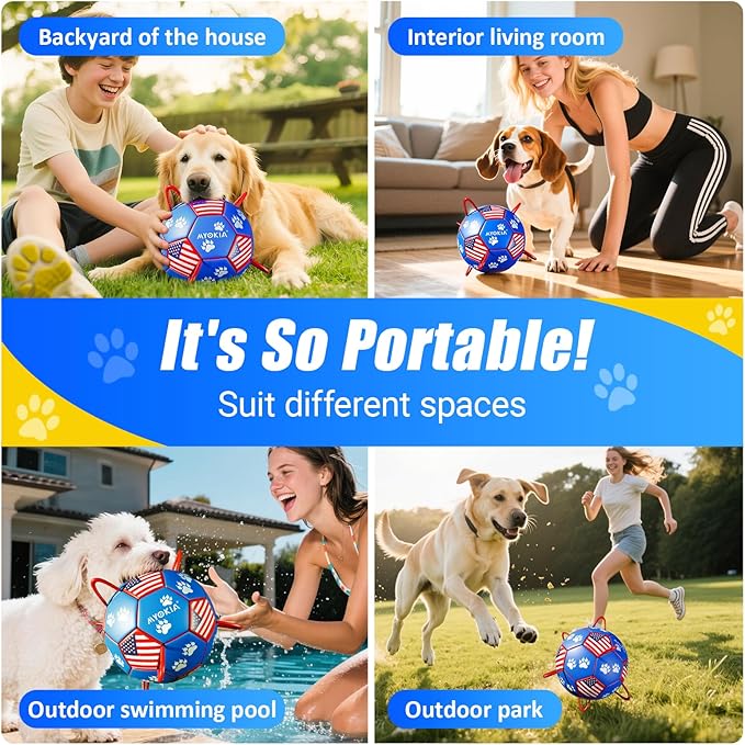 Size 2 Dog Soccer Ball with Straps Durable Training Ball for Pets Interactive Outdoor Dog Toy, Blue & Red, Paw Prints Flag Design, for Small to Medium Puppies, Pet Supplies