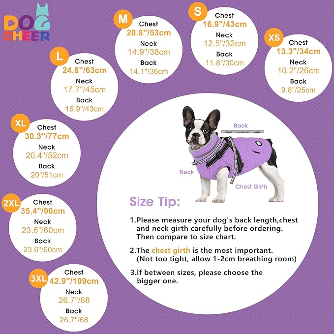Dogcheer Dog Coat with Harness, Waterproof Dog Jacket, Reflective Puppy Winter Jacket with Pocket, Doggy Turtleneck Fleece Vest for Small Medium Large Dogs - Taro Purple, XS