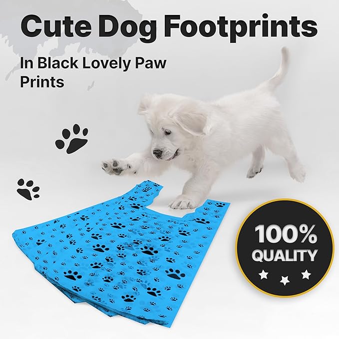T-Shirt Bags – Paw Print Design Blue Color - 100 Pack - Thank You & Shopping Bags - Cat or Dog - 22" L x 12" W x 7" Plastic (Blue, 100)