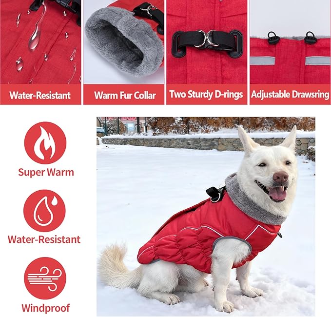 Malier Dog Coat, Reflective Dog Jacket Waterproof Windproof Puppy Cold Weather Coats with Harness Built in, Winter Extra Warm Pet Coat Fleece Vest for Small Large Pets and Puppy (Red, Medium)