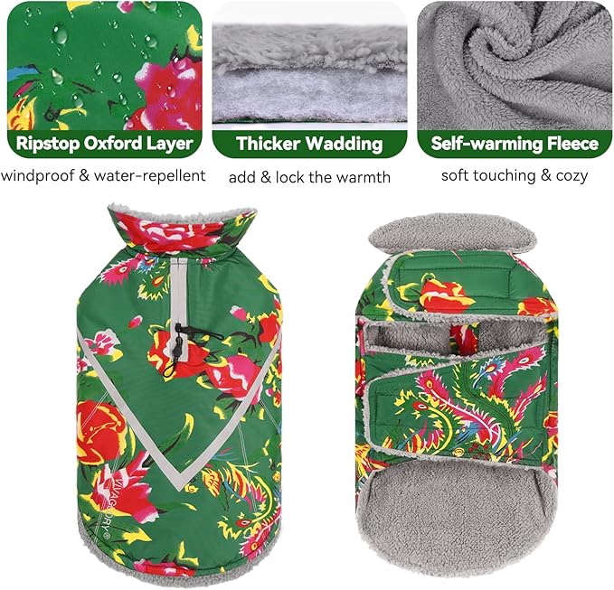 VIVAGLORY Snowrap Dog Coat, Jacket with Harness Hole & Velcro Closure, Dog Coat for Winter & Cold Weather, Fluffy Warm Fleece Lined Reflective Water Resistant for Puppy, XL, Northeast Florals-Green