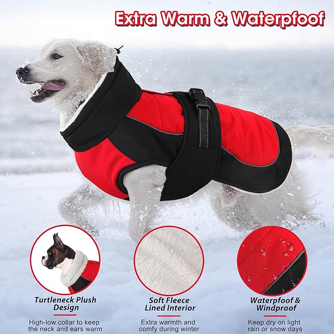 Dogcheer Dog Coat, Christmas Dog Winter Jacket, Waterproof Puppy Fleece Coat for Cold Weather, Adjustable Pet Snowsuit, Turtleneck Sweater for Small Medium Large Dogs - Red, S