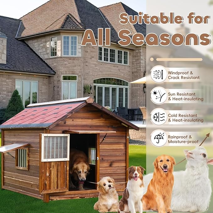 Large Dog House Outdoor Pine Wood Dog House with Weatherproof Asphalt Roof,Removable Floor,Lockable Door,Adjust Windows,Easy to Clean,Warm Insulated Dog Kennel for Large Breed Size Outside Use
