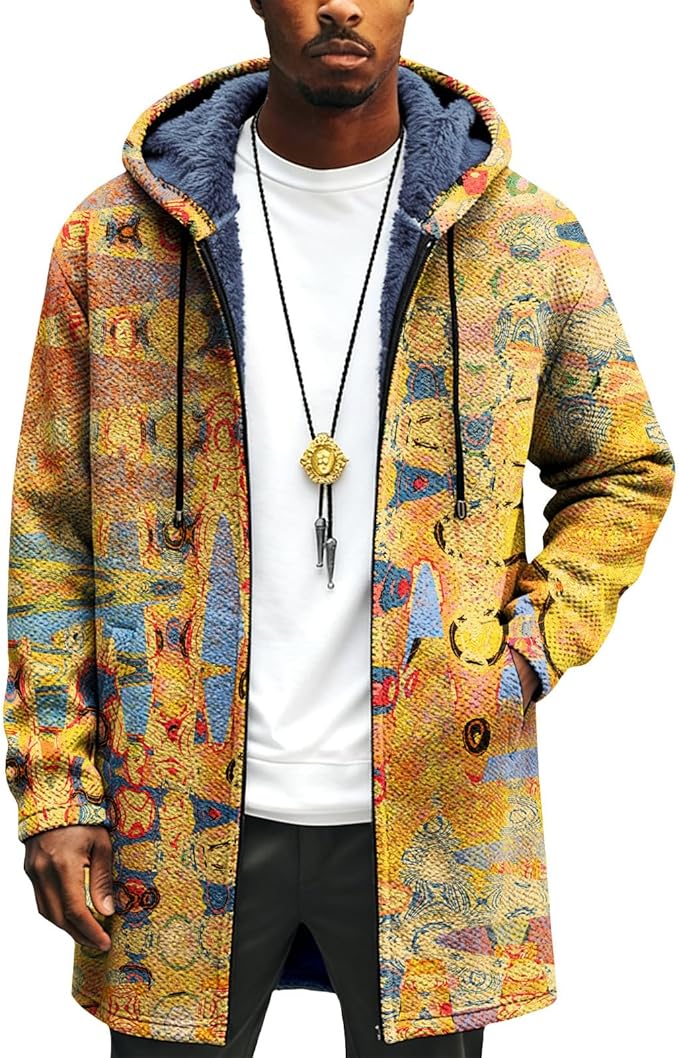 LIZALIG Long Hooded Cardigan Men Japanese Art Style Fashion Cool Graphic Coats Winter Warm Lined Fleece Jacket