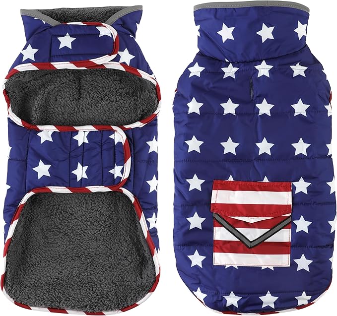 Dog Coat, Waterproof Dog Winter Jacket with Pocket, Reflective Adjustable Pet Snow Vest, Warm Cozy Fleece Sweater for Small Medium Extra Large Dogs - American Flag, XL