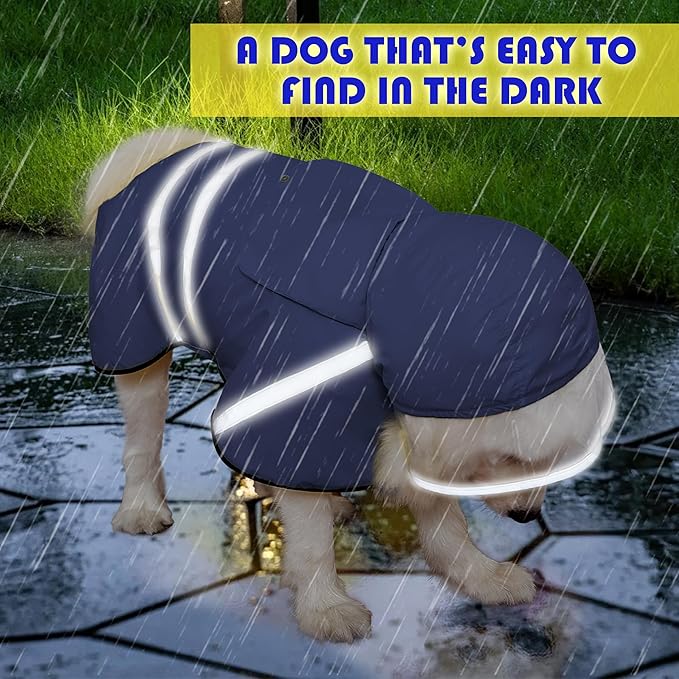 Dog Raincoat, Adjustable Rain Jacket with Hooded Double Layer for Large Medium Small Dogs Puppies, Lightweight Waterproof Rain Coat Poncho with Reflective Stripe Navy,S