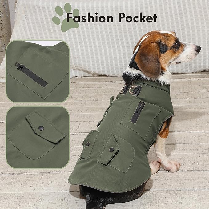 Workwear Style Dog Coats with Harness Built in for Small Dogs Windproof Warm Puppy Jacket with Storage Pockets for Cold Winter,Green XXL