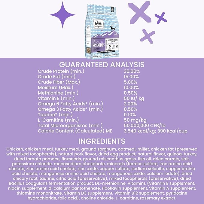 I and love and you Naked Essentials Ancient Grains Dry Dog Food - Chicken + Turkey - High Protein, Real Meat, No Fillers, 4lb Bag