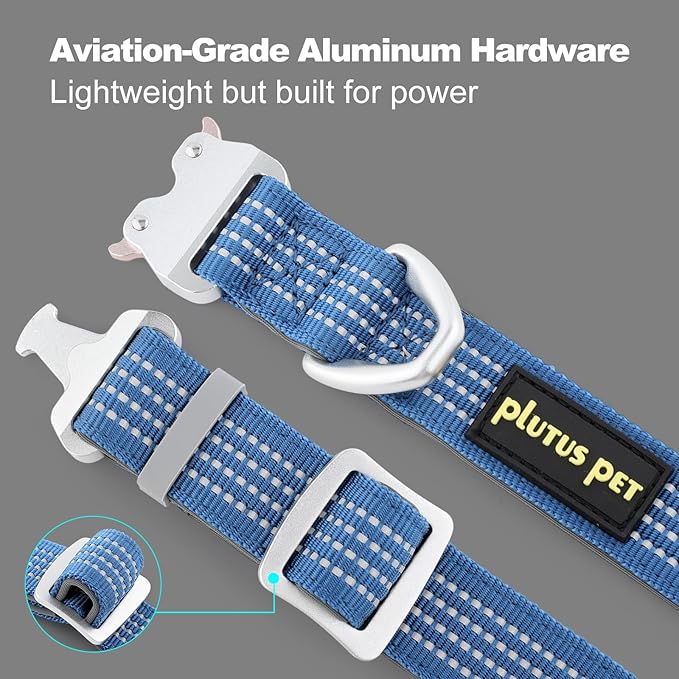 Plutus Pet Reflective Dog Collar with Aviation Aluminum Buckle, Neoprene Padded for Comfort, Lightweight, Heavy Duty Nylon Collar for Puppy Small Medium Large Dogs (Blue, M)