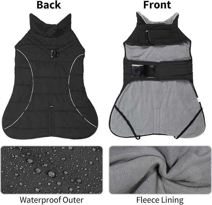 HEYWEAN Dog Winter Coat - Waterproof Windproof Reflective Vest for Medium & Large Breeds Adjustable Warm FleeceLined Jacket with Magic Tape & D-Ring for Leash Cold Weather Apparel (Black, Medium)