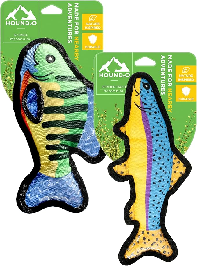 Plush Dog Toys | 2 Pack Bluegill & Trout Fish Stuffed Animal Squeaky Toy for Dogs | Outdoor Pet Toy Built for Adventure