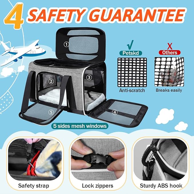 Petskd Top-Expandable Pet Carrier 17x12x8.5 Inches JetBlue Allegiant Spirit Airline Approved, Soft-Sided Carrier for Small Cats and Dogs with Locking Safety Zippers and Anti-Scratch Mesh(Grey)