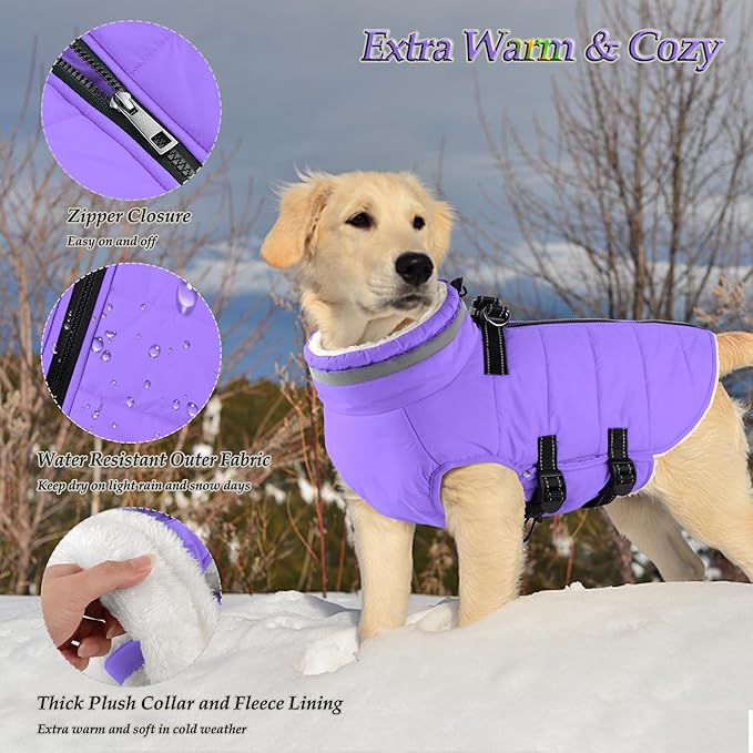 Dogcheer Dog Coat with Harness, Waterproof Dog Jacket Adjustable Winter Coat with Zipper, Christmas Puppy Snow Jacket Fleece Sweater for Small Medium Large Dogs - Taro Purple M