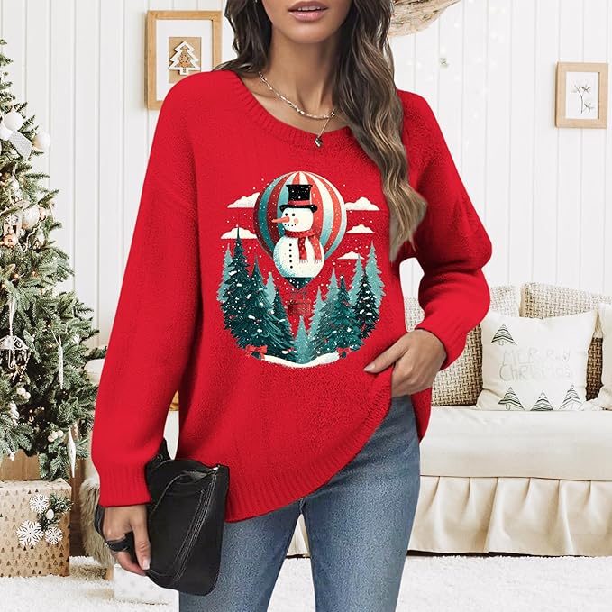 Women's Red Christmas Sweater - Festive Cartoon Patterns, Cozy Knit for Holiday Parties & Gatherings