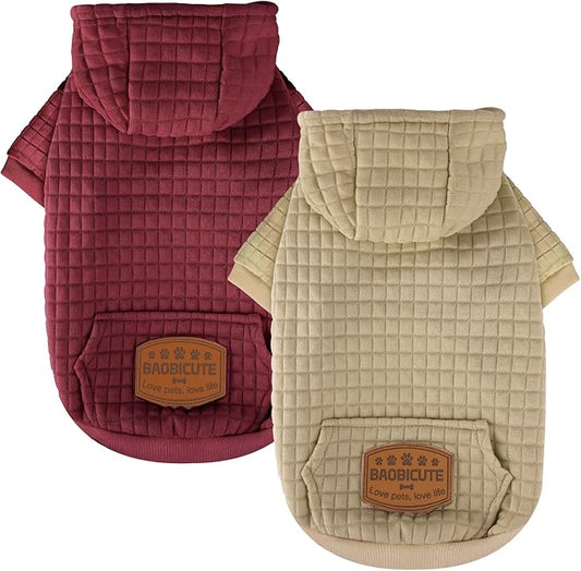 2 Pack Dog Hoodie Sweaters for Small Medium Dogs Warm Dog Clothes for Large Dogs Soft Waffle-Like Laminated Sweatshirt Bulldog (Brown+Wine Red, S (Back: 11.5",Chest: 15.5", Neck: 10"))