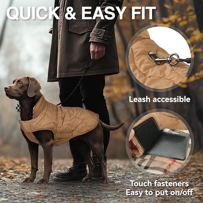 VIVAGLORY Softjoy Dog Coat, Dog Jacket for Winter & Christmas, Coat with Harness Hole & Velcro Closure, Reversible Plaid Checkered Warm Fluffy Heavy Duty for Puppy, XS, Khaki
