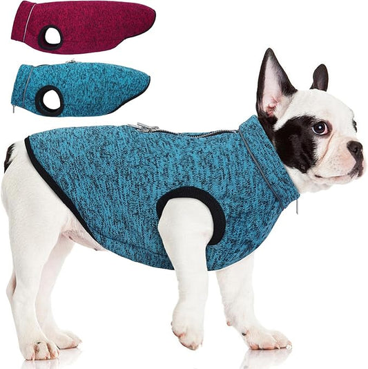 ROZKITCH Dog Sweater for Small, Knit Pet Jacket with Fleece Lining, Warm Winter Coats for Small Dogs with Zipper Opening for Harness, Adjustable Neck Reflective Pet Jacket Blue M