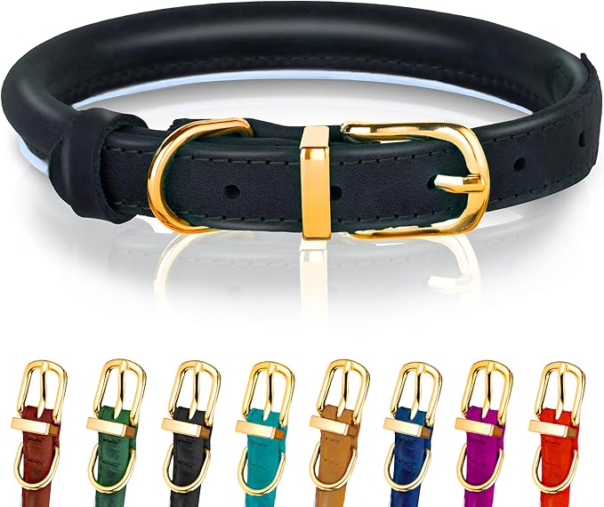 OOPSDOGGY Reflective Rolled Leather Dog Collar Adjustable Soft Padded Pet Collar for Small Medium Large Breed Dogs (Black, XXS, 7"-9")