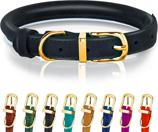 OOPSDOGGY Reflective Rolled Leather Dog Collar Adjustable Soft Padded Pet Collar for Small Medium Large Breed Dogs (Black, XXS, 7"-9")
