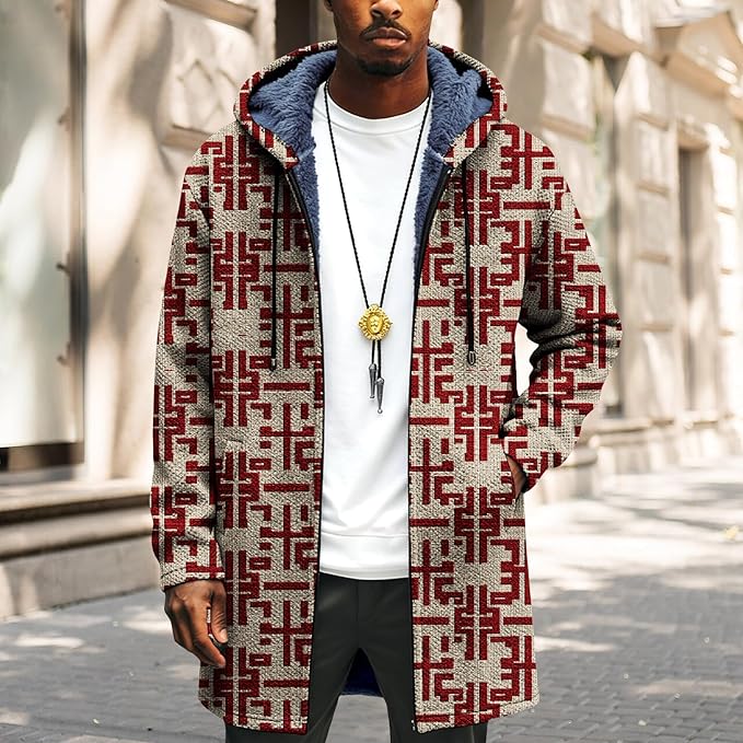 Mens Long Cardigan Hoodies Full Zip Fleece Lined Jackets Fashion Knitted Color Block Hooded Coat with Pockets